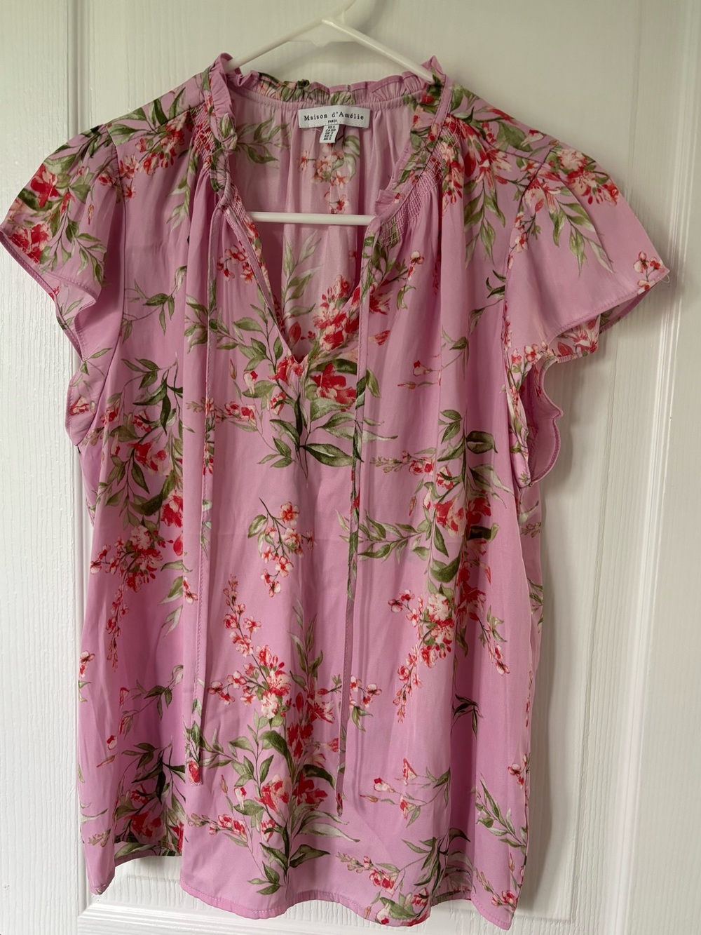 Maison d'Asile Pink Floral Tie-Neck Flutter Sleeve Blouse